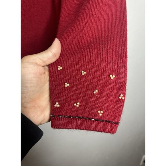 Susan Bristol Vintage 90s Red Wool Christmas Sweater Embroidered Beaded Medium - Picture 12 of 12